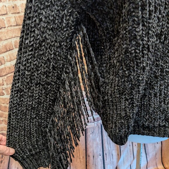 Black Knit Sweater with Fringe Size Small - Picture 2 of 10